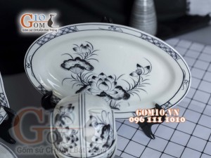 Bộ đồ ăn men chàm cổ họa tiết sen đen 002