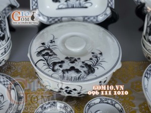 Bộ đồ ăn men chàm cổ họa tiết sen đen 002