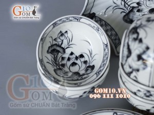 Bộ đồ ăn men chàm cổ họa tiết sen đen 002