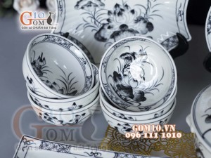 Bộ đồ ăn men chàm cổ họa tiết sen đen 002