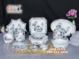 Bộ đồ ăn men chàm cổ họa tiết sen đen 002