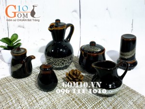 Bộ đồ ăn men hỏa biến gấm quẹt màu mật ong