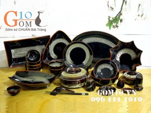 Bộ đồ ăn men hỏa biến gấm quẹt màu mật ong