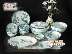 Bộ đồ ăn men cổ họa tiết Rồng Phượng Hóa