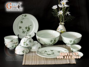 Bộ đồ ăn men cổ họa tiết vẽ Tre xanh