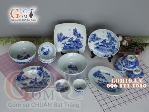 Bộ đồ ăn men cổ vẽ Sơn Thủy, đầy đủ