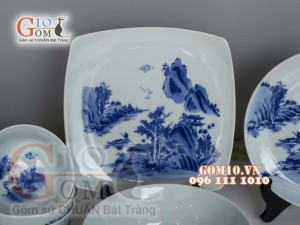Bộ đồ ăn men cổ vẽ Sơn Thủy, đầy đủ