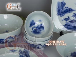 Bộ đồ ăn men cổ vẽ Sơn Thủy, đầy đủ