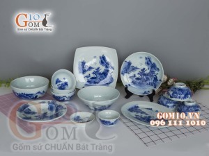 Bộ đồ ăn men cổ vẽ Sơn Thủy, đầy đủ
