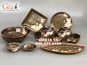 Bộ đồ ăn men gấm vàng khắc sen S2