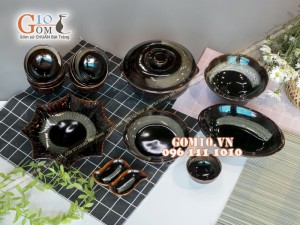 Bộ đồ ăn men hỏa biến gấm quẹt màu mật ong, 13 món