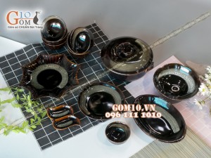 Bộ đồ ăn men hỏa biến gấm quẹt màu mật ong, 13 món