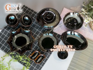 Bộ đồ ăn men hỏa biến gấm quẹt màu mật ong, 13 món