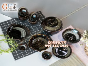 Bộ đồ ăn men hỏa biến gấm quẹt màu mật ong, 13 chi tiết