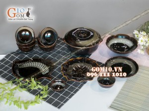 Bộ đồ ăn men hỏa biến gấm quẹt màu mật ong, 13 chi tiết