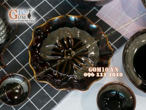 Bộ đồ ăn men hỏa biến gấm quẹt màu mật ong, 13 chi tiết