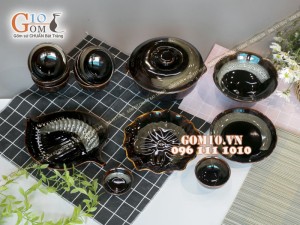 Bộ đồ ăn men hỏa biến gấm quẹt màu mật ong, 13 chi tiết