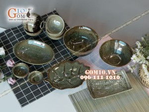 Bộ đồ ăn men hỏa biến gấm vàng 001