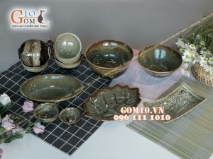 Bộ đồ ăn men hỏa biến gấm vàng 001