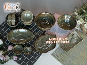 Bộ đồ ăn men hỏa biến gấm vàng 001
