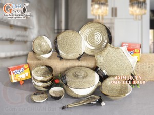 Bộ đồ ăn men hỏa biến gấm vàng Cát Tường