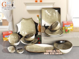 Bộ đồ ăn men hỏa biến gấm vàng Cát Tường, 15 chi tiết