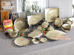 Bộ đồ ăn men hỏa biến gấm vàng Cát Tường, 19 chi tiết