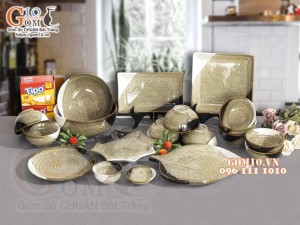 Bộ đồ ăn men hỏa biến gấm vàng Cát Tường, 19 chi tiết