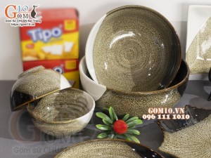 Bộ đồ ăn men hỏa biến gấm vàng Cát Tường, 19 chi tiết