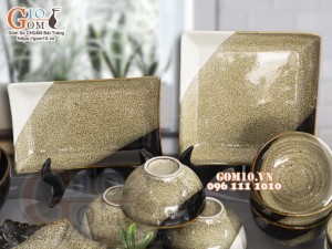 Bộ đồ ăn men hỏa biến gấm vàng Cát Tường, 19 chi tiết