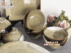 Bộ đồ ăn men hỏa biến gấm vàng Cát Tường, 19 chi tiết