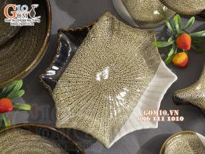 Bộ đồ ăn men hỏa biến gấm vàng Cát Tường, 19 chi tiết