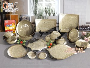 Bộ đồ ăn men hỏa biến gấm vàng Cát Tường, 19 chi tiết