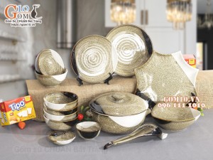 Bộ đồ ăn men hỏa biến gấm vàng Cát Tường