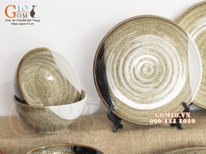 Bộ đồ ăn men hỏa biến gấm vàng Cát Tường