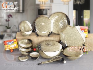 Bộ đồ ăn men hỏa biến gấm vàng Cát Tường