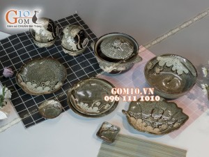Bộ đồ ăn men hỏa biến gấm vàng khắc sen 001