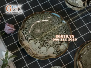 Bộ đồ ăn men hỏa biến gấm vàng khắc sen 001
