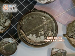 Bộ đồ ăn men hỏa biến gấm vàng khắc sen 001