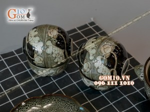 Bộ đồ ăn men hỏa biến gấm vàng khắc sen 001