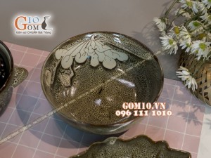Bộ đồ ăn men hỏa biến gấm vàng khắc sen 001