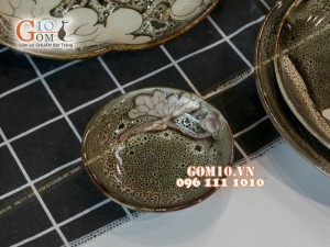 Bộ đồ ăn men hỏa biến gấm vàng khắc sen 001
