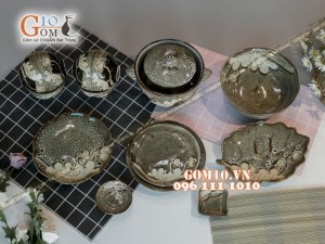 Bộ đồ ăn men hỏa biến gấm vàng khắc sen 001