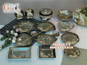 Bộ đồ ăn men hỏa biến gấm vàng khắc sen đầy đủ chi tiết