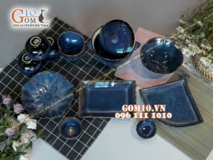 Bộ đồ ăn men hỏa biến xanh đá 001
