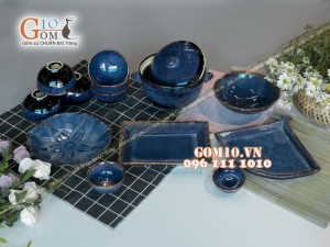Bộ đồ ăn men hỏa biến xanh đá 001