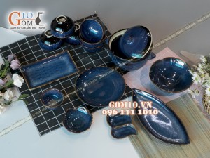 Bộ đồ ăn men hỏa biến xanh đá 002