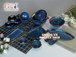 Bộ đồ ăn men hỏa biến xanh đá 002