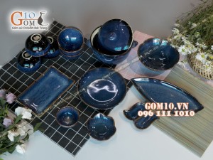 Bộ đồ ăn men hỏa biến xanh đá 002