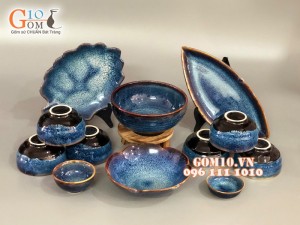 Bộ đồ ăn men hỏa biến xanh đá cao cấp